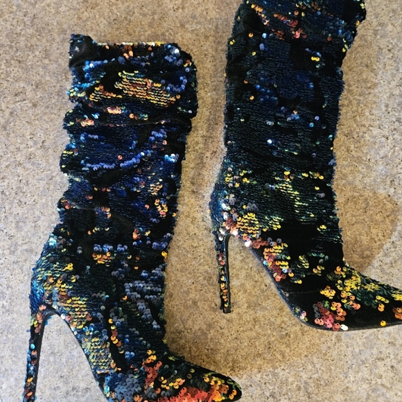 Sequin & Velvet Covered Stiletto Calf Boots NWT - Colorful NWT Size 6 - Picture 4 of 9